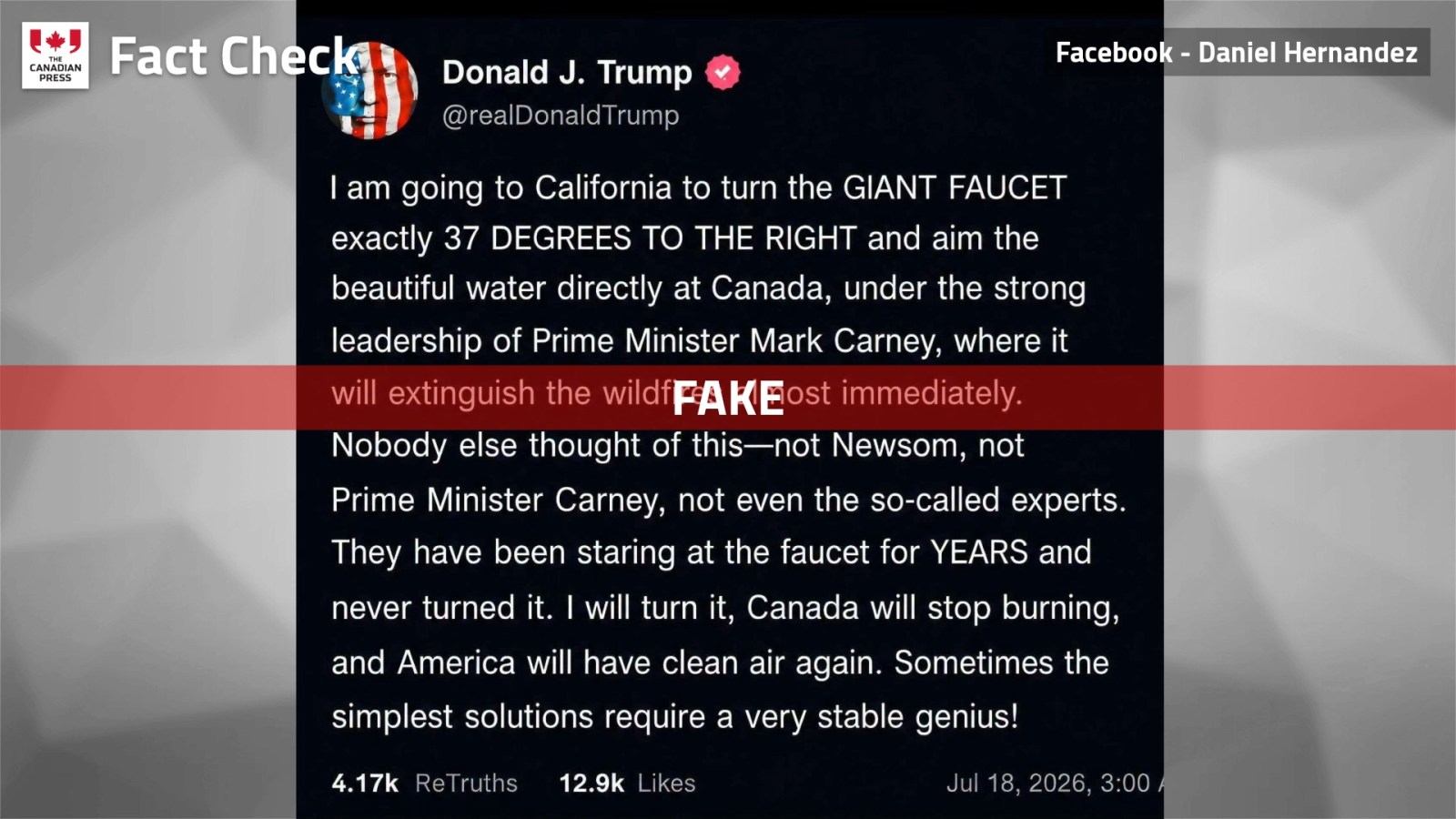 Fact File: Trump post on fighting Canadian wildfires with ‘giant faucet' is a fake