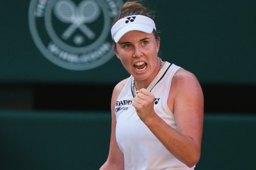 Linda Noskova of Czech Republic celebrates a point against Karolina Muchova of Czech Republic in the women's singles final at Wimbledon Tennis Championships in London, Saturday, July 11, 2026. (AP Photo/Kin Cheung)