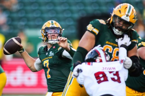 Edmonton Elks quarterback Cody Fajardo (7) throws a pass against the Ottawa Redblacks during second half CFL football action in Edmonton on Thursday, July 9, 2026. THE CANADIAN PRESS/Codie McLachlan