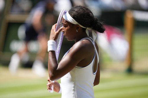 Coco Gauff of the United States reacts after losing a point against Karolina Muchova of the Czech Republic in their semifinal women's singles match at the Wimbledon Tennis Championships in London, Thursday, July 9, 2026. (AP Photo/Kirsty Wigglesworth)