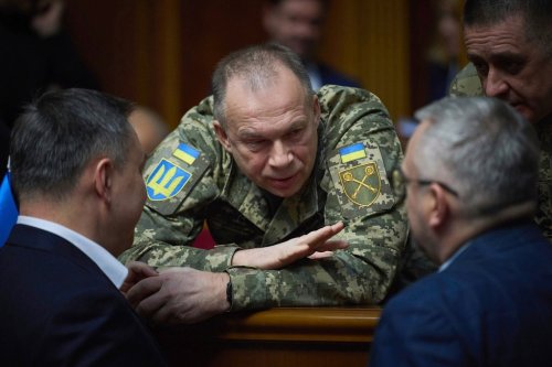 FILE - In this photo provided by the Press Service Of The President Of Ukraine on Nov. 19, 2024, Gen. Oleksandr Syrskyi speaks to parliamentarians at Verkhovna Rada in Kyiv, Ukraine. (Press Service Of The President Of Ukraine via AP, File)
