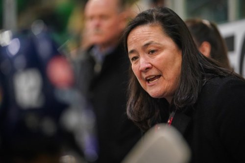 University of Toronto Varsity Blues head coach Vicky Sunohara speaks to her team in Saskatoon, Sask., on Sunday, March 17, 2024. THE CANADIAN PRESS/Heywood Yu