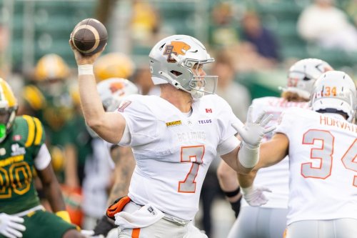 BC Lions' Chase Brice (7) prepares to throw a pass during first half CFL football action against the Edmonton Elks in Edmonton on Friday, July 17, 2026. THE CANADIAN PRESS/Timothy Matwey