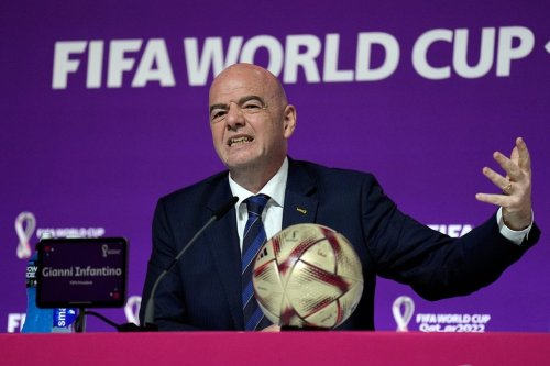 FILE — FIFA President Gianni Infantino gestures as he meets the media at the FIFA World Cup closing press conference in Doha, Qatar, Friday, Dec. 16, 2022. (AP Photo/Martin Meissner, File)