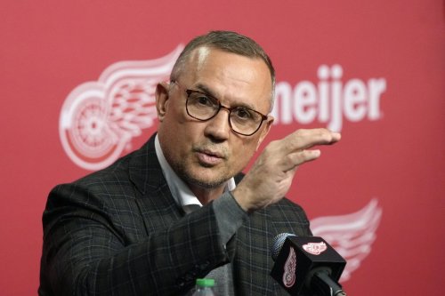 Detroit Red Wings executive VP/general manager Steve Yzerman speaks to the media following their NHL hockey season, Friday, April 19, 2024, in Detroit. (AP Photo/Carlos Osorio)