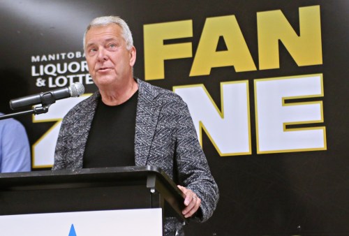 Dan Trotter, chair of the organizing host committee for the 2027 Telus Cup, speaks at the announcement of the event coming to the Keystone Centre in April. (Thomas Friesen/The Brandon Sun)