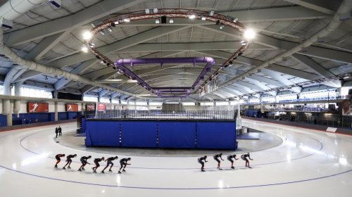 Canadian national long-track speedskating team members train on the ice at the Olympic Oval in Calgary, Alta., Friday, June 11, 2021. THE CANADIAN PRESS/Jeff McIntosh