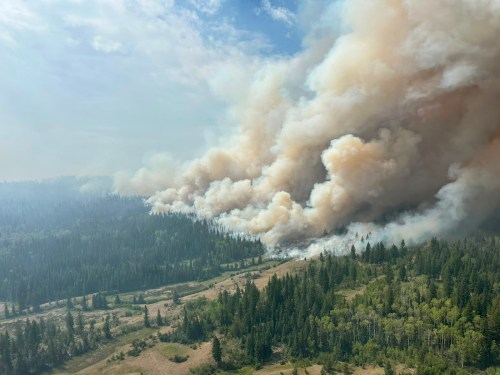 The northwest corner of the Pear Lake wildfire in B.C.'s Cariboo region, is shown in this handout photo provided by BC Wildfire Service, on Friday, July 31, 2026. THE CANADIAN PRESS/Handout - BC Wildfire Service (Mandatory Credit)