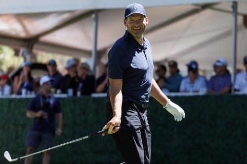 Tony Romo plays the 7th hole during the practice round of the American Century Championship Celebrity-Am Tournament at Edgewood Tahoe Golf Course in Stateline, Nevada, on Thursday, July 09, 2026. (Santiago Mejia/San Francisco Chronicle via AP)