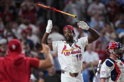 St. Louis Cardinals' Jordan Walker tosses his bat as he competes during the MLB baseball All-Star Home Run Derby, Monday, July 13, 2026, in Philadelphia. (AP Photo/Matt Slocum)