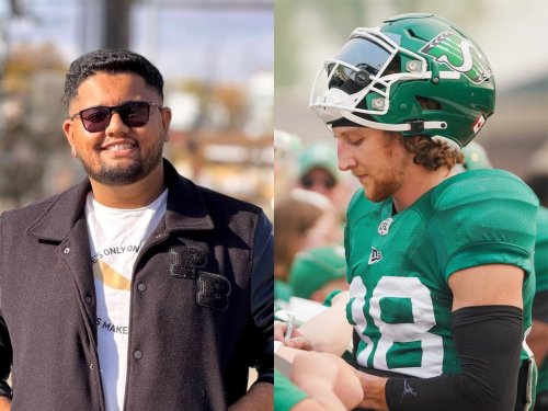 This composite image shows Bhishma Rajyaguru, left, in an undated handout photo and Saskatchewan Roughriders' Jayden Dalke in a May 20, 2023 file photo. THE CANADIAN PRESS/Handout, Tonish Patel (left); Heywood Yu (right); (Mandatory Credit)