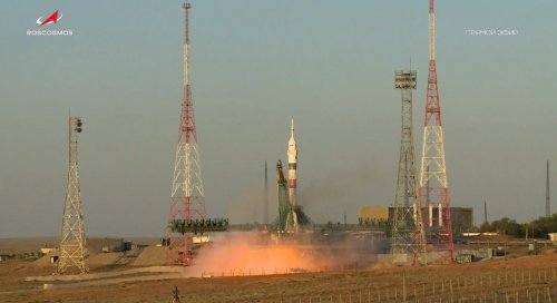 In this photo taken from video released by Roscosmos space corporation, the Soyuz-2.1 rocket booster with Soyuz MS-29 space ship carrying NASA astronaut Anil Menon, Roscosmos cosmonauts Pyotr Dubrov and Anna Kikina, a new crew to the International Space Station, ISS, blasts off in Russian leased Baikonur cosmodrome, Kazakhstan, Tuesday, July 14, 2026. (Roscosmos space corporation, via AP)