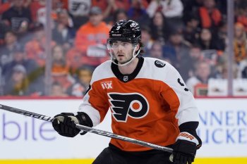 FILE - Philadelphia Flyers' Jamie Drysdale plays during Game 4 in the first round of the NHL Stanley Cup hockey playoffs April 25, 2026, in Philadelphia. (AP Photo/Matt Slocum, File)