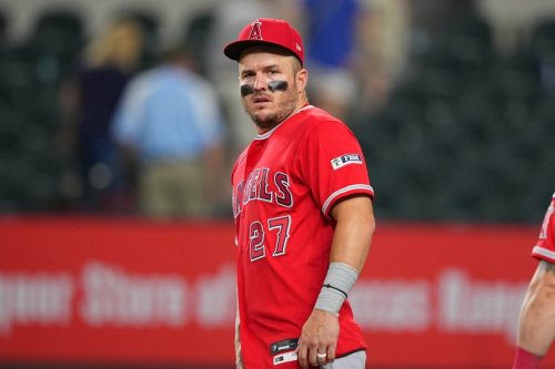 Los Angeles Angels designated hitter Mike Trout looks on following a baseball game against the Texas Rangers, Wednesday, July 8, 2026, in Arlington, Texas. (AP Photo/Julio Cortez)