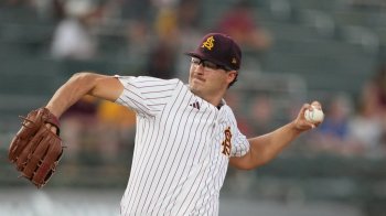 Arizona State pitcher Cole Carlon (14) during an NCAA baseball game against West Virginia on Friday, March 27, 2026, in Tempe, Ariz. (AP Photo/Rick Scuteri)