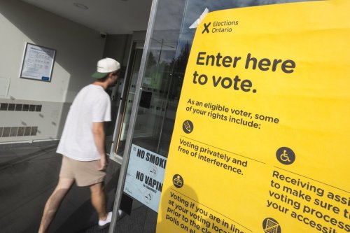 A voter enters an advance voting location in the riding of Hamilton East—Stoney Creek in Hamilton, on Thursday, Aug. 27, 2026, one of three byelections in Ontario. THE CANADIAN PRESS/Nick Iwanyshyn