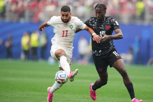 Morocco's Ismael Saibari, left, and Canada's Moise Bombito compete for the ball during the World Cup round of 16 soccer match between Canada and Morocco in Houston, Saturday, July 4, 2026. (AP Photo/Eric Gay)