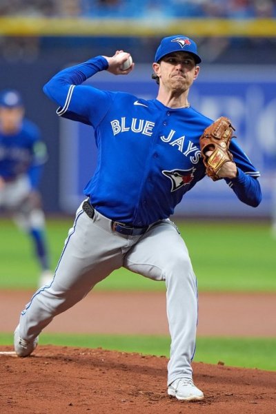 Toronto Blue Jays' Shane Bieber pitches to the Tampa Bay Rays during the first inning of a baseball game Thursday, Aug. 20, 2026, in St. Petersburg, Fla. (AP Photo/Chris O'Meara)