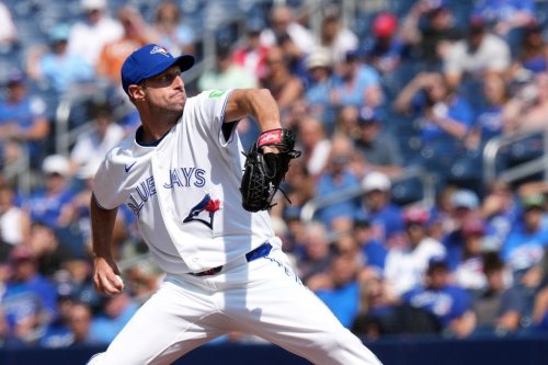 Toronto Blue Jays pitcher Max Scherzer (31) pitches his career 3000th inning against the Boston Red Sox during first inning American League MLB baseball action in Toronto on Thursday, August 13, 2026. THE CANADIAN PRESS/Nathan Denette