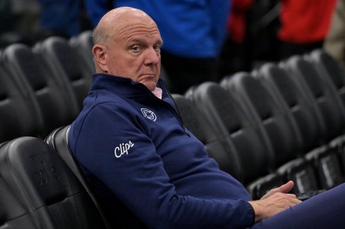 Los Angeles Clippers owner Steve Ballmer looks on as players warm up prior to an NBA basketball game against the Oklahoma City Thunder, Tuesday, Nov. 4, 2025, in Los Angeles. (AP Photo/Jayne Kamin-Oncea)