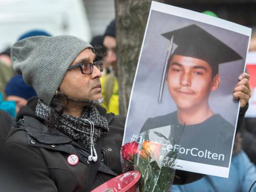 People take part in a vigil in support of Colten Boushie&rsquo;s family in February 2018, following the acquittal of Saskatchewan farmer Gerald Stanley on charges in connection with Boushie&rsquo;s death. (The Canadian Press files)