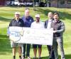 Brandon University's Tyler Crayston (centre), flanked by, from left to right, BU's Chris Falkevitch, athletic director Russ Paddock, Sunrise Credit Union chief operating officer Tony Keown and Brandon branch manager Derian Penziwol, shows off an $85,000 cheque from the BIRT Cup. (Rowan McCarthy/Brandon Sun)