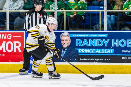 Brandon Wheat Kings forward Brett Wilson makes his Western Hockey League debut against the Prince Albert Raiders at Art Hauser Centre on Feb. 7, 2026. The Calgary product is one of just two overagers at training camp. (Mark Peterson/Prince Albert Raiders)