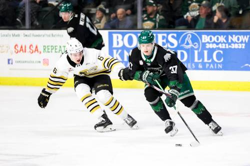 Brandon Wheat Kings defenceman Cameron Allard (6) defends against Everett Silvertips forward Matias Vanhanen during Western Hockey League action at Angel of the Winds Arena on Jan. 23. Allard will be counted on this season as one of two returning veterans. (Evan Morud/Everett Silvertips)