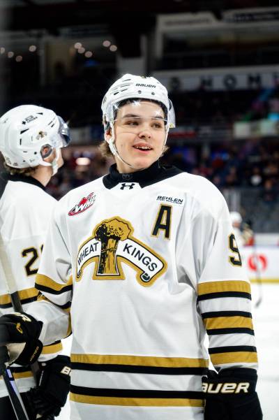 Brandon Wheat Kings forward Jaxon Jacobson smiles as his team celebrates its 5-4 victory over the Lethbridge Hurricanes during Western Hockey League action at VisitLethbridge.com Arena on Jan. 21. Jacobson is expected to lead the way offensively in his National Hockey League draft season. (Erica Perreaux/Lethbridge Hurricanes)