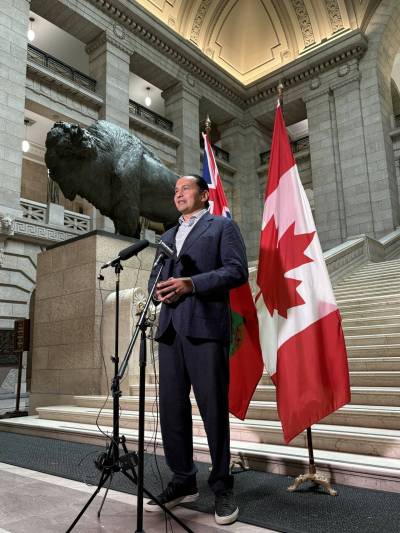 Premier Wab Kinew met with media on Saturday at the Manitoba legislature to discuss Canada's withdrawal from trade negotiations with the U.S. (Melissa Martin/Winnipeg Free Press)