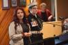 Royal Canadian Sea Cadet Corps 60 Swiftsure civilian instructor Chantel Mulholland speaks to the Brandon School Division board of trustees during its general meeting Monday evening, while corps member Brooklyn Mulholland looks on. (Abiola Odutola/The Brandon Sun)