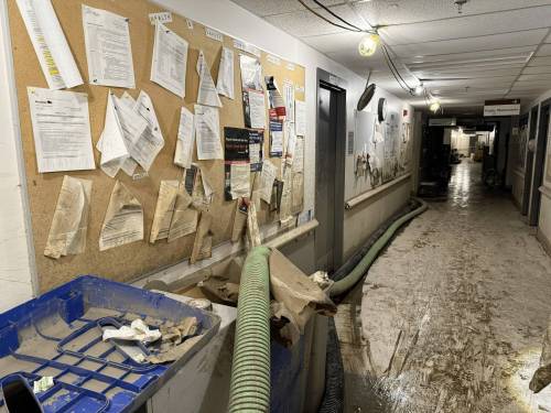 One of 22 photos released in July showing the muddy mess inside the Dauphin Regional Health Centre left by floodwater. The hospital's temporary emergency department is scheduled to open Sept. 7 on the main floor and will provide services 24-7. (Supplied)