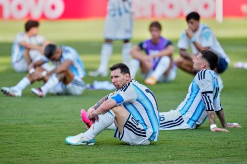 Argentina's Lionel Messi (10) reacts after the World Cup final soccer match between Spain and Argentina in East Rutherford, N.J., near New York, Sunday, July 19, 2026. (AP Photo/Ashley Landis)