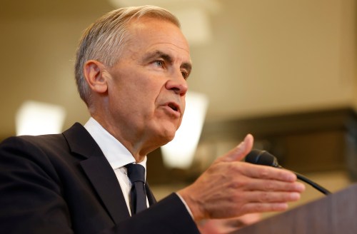 Prime Minister Mark Carney speaks about Canada's response to new U.S. tariffs during a news conference on Parliament Hill in Ottawa on Saturday. (The Canadian Press)