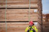 A worker stands near a stack of lumber at the Western Forest Products Duke Point Sawmill, in Nanaimo, B.C., on Friday, March 28, 2025. THE CANADIAN PRESS/Darryl Dyck