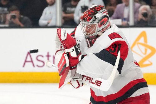 Carolina Hurricanes goaltender Frederik Andersen stops a shot during the second period in Game 3 of the NHL hockey Stanley Cup Final series against the Vegas Golden Knights, Saturday, June 6, 2026, in Las Vegas. (AP Photo/John Locher)
