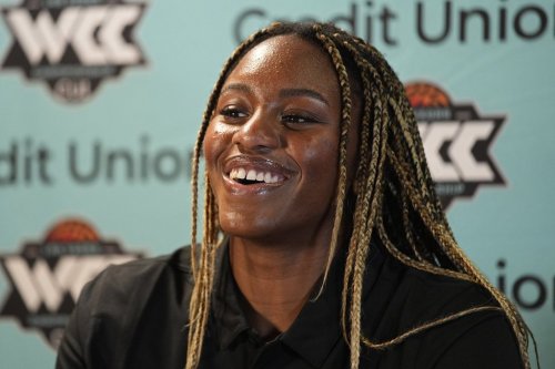 Gonzaga's Yvonne Ejim speaks with members of the media during the West Coast Conference Women's NCAA college basketball media day on Oct. 16, 2024, in Las Vegas. (AP Photo/John Locher)