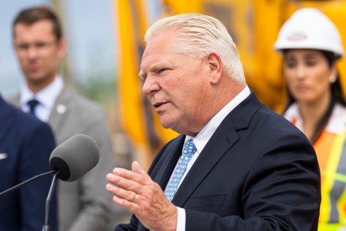 Ontario Premier Doug Ford speaks to media at a housing development in Hamilton on Monday. (The Canadian Press)