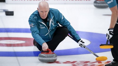 Team Wild Card Three skip Glenn Howard makes a shot  as he plays Team Yukon at the Brier in Calgary, Alta., Sunday, March 7, 2021.THE CANADIAN PRESS/Jeff McIntosh