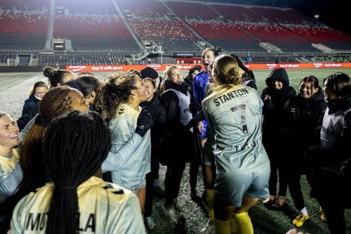 Players from the Vancouver Rise celebrate their win over the Ottawa Rapid in Northern Super League semifinal soccer action in Ottawa, on Saturday, Nov. 8, 2025. THE CANADIAN PRESS/Spencer Colby