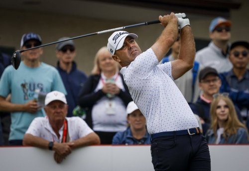 Ryan Armour, of the United States, tees off during the PGA Tour Champions golf event in Calgary, Alta., Saturday, Aug. 22, 2026.THE CANADIAN PRESS/Jeff McIntosh