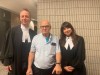 Claude Paquin, centre, is flanked by lawyers Nicholas St-Jacques and Julie Harinen at the Montreal courthouse on Wednesday, Nov. 6, 2024 after a judge overturned his conviction in connection with the 1978 murder of two people. THE CANADIAN PRESS/Handout — Julie Harinen (Mandatory Credit)