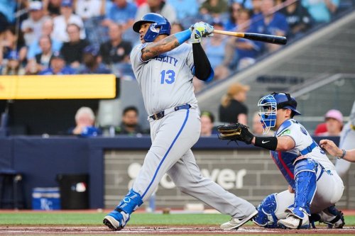 Kansas City Royals designated hitter Salvador Perez (13) takes a swing in a Major League Baseball game against the Blue Jays in Toronto on Aug. 25, 2026. THE CANADIAN PRESS/Sammy Kogan