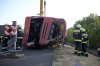 Emergency services attend the scene after a passenger bus went off the road and overturned in a ditch along a highway between Mezokeresztes and Mezonagymihaly in Hungary, Sunday, Aug. 16, 2026. (Zoltan Mathe/MTI via AP)