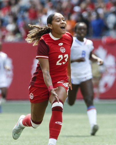 Canada's Olivia Smith (23) celebrates the goal against Haiti during second half soccer action in Winnipeg, Saturday, May 31, 2025. THE CANADIAN PRESS/John Woods
