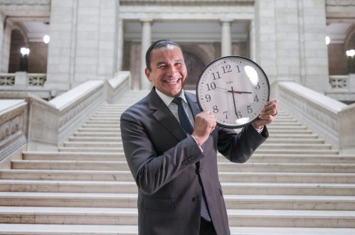 Premier Wab Kinew is shown with a clock in his hands at the Legislative Building Thursday as the province announces it will permanently remain in Daylight Savings Time. A letter writer questions how many Manitobans really wanted this. (Ruth Bonneville/Winnipeg Free Press)