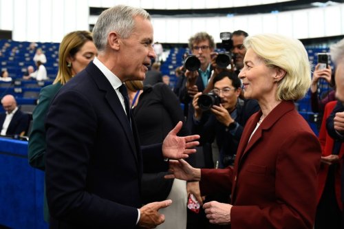 FILE- Canada's Prime Minister Mark Carney, front left, speaks with European Commission President Ursula von der Leyen at the European Parliament in Strasbourg, eastern France, Sept 17, 2026. (AP Photo/Pascal Bastien, File)