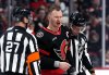 Senators captain Brady Tkachuk heads off the ice after fighting with Carolina Hurricanes defenceman K'andre Miller, not shown, in Ottawa on Saturday, April 25, 2026. THE CANADIAN PRESS/Justin Tang