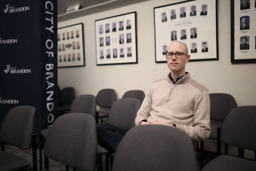 Brandon resident James Epp sits inside council chambers at Brandon City Hall in December 2025. Epp has entered the race for the Ward 4 councillor seat. (Tim Smith/The Brandon Sun files)