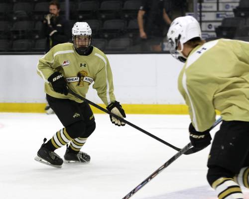 Brandon Wheat Kings defenceman Will Katsilieris defends during a drill during practice at Assiniboine Credit Union Place on Thursday afternoon. The Wheat Kings open their pre-season this evening against the visiting Regina Pats. (Perry Bergson/The Brandon Sun) 
Sept. 3, 2026